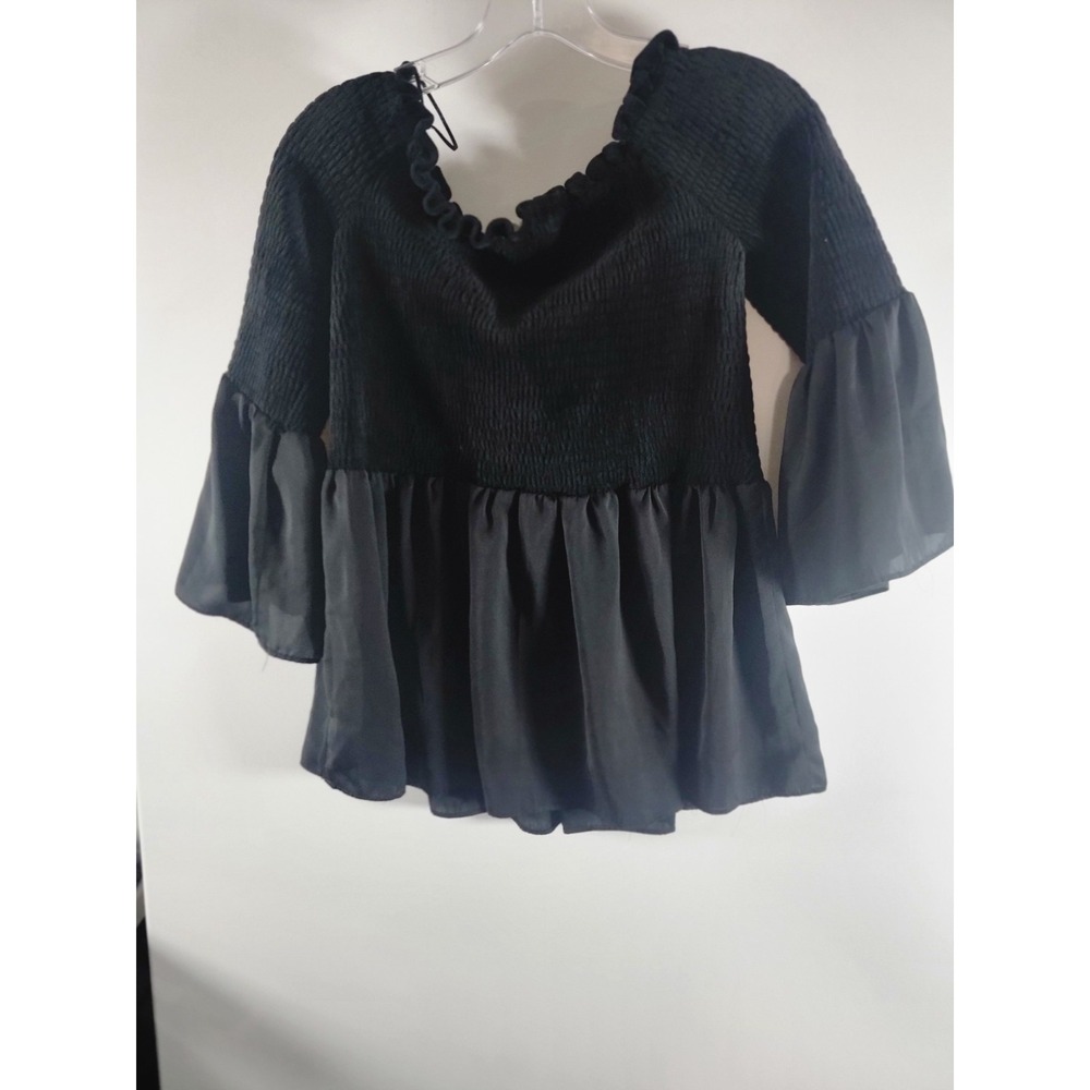 Boho Fairy Jane and Delancey Bell Sleeve Smocked Peplum Top Womens Large Black